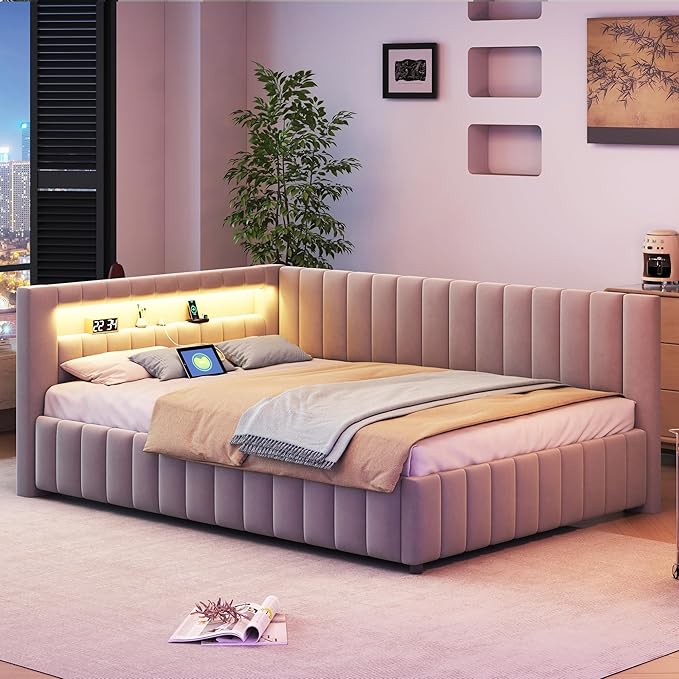 Sofa Bett-Upholstered Sofa Bed, 140 x 200 cm with LED Lighting and USB Charging-KEYIDE